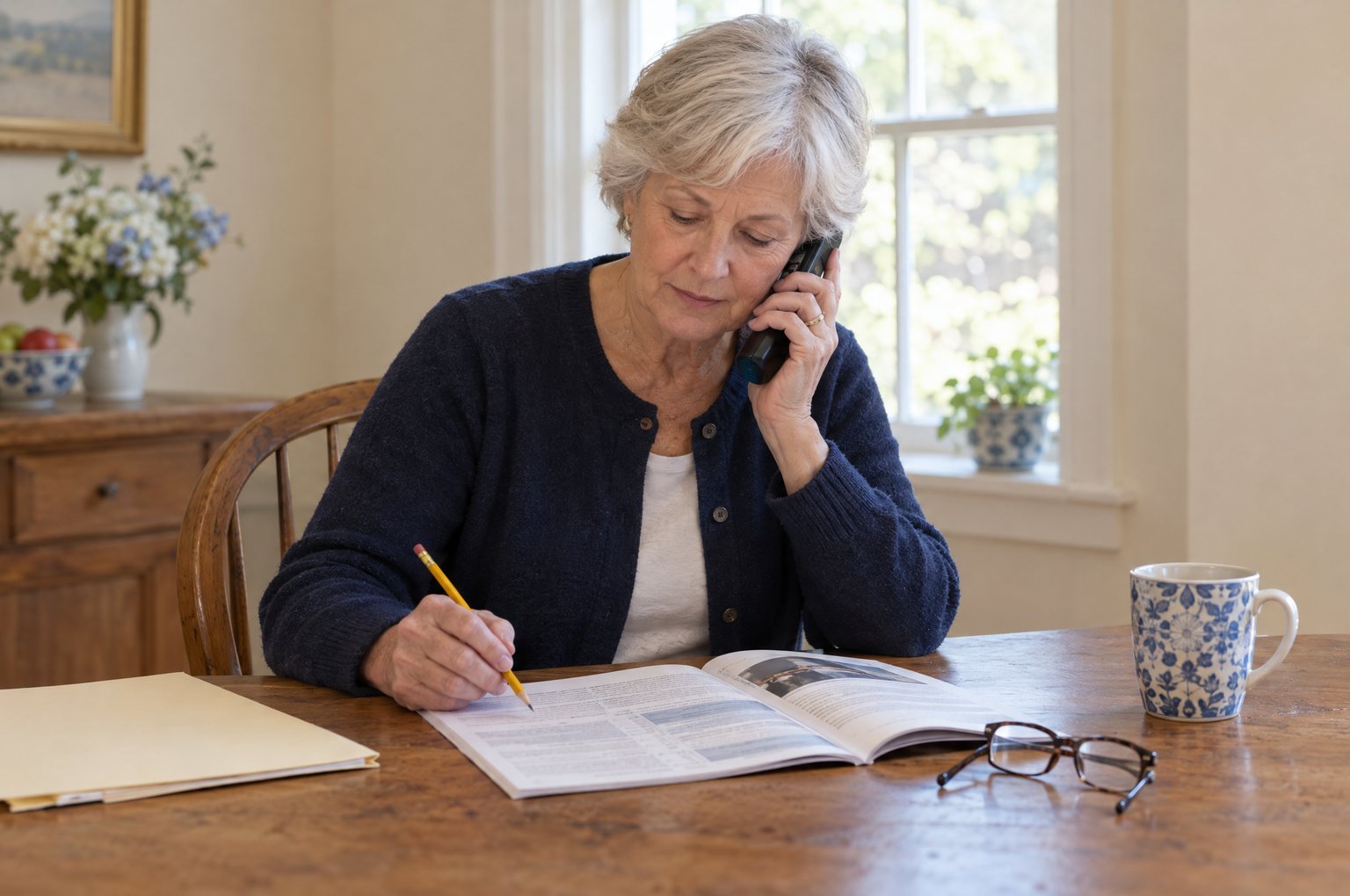 AI image: a woman in her seventies at her kitchen table, phone to her ear, writing in a booklet