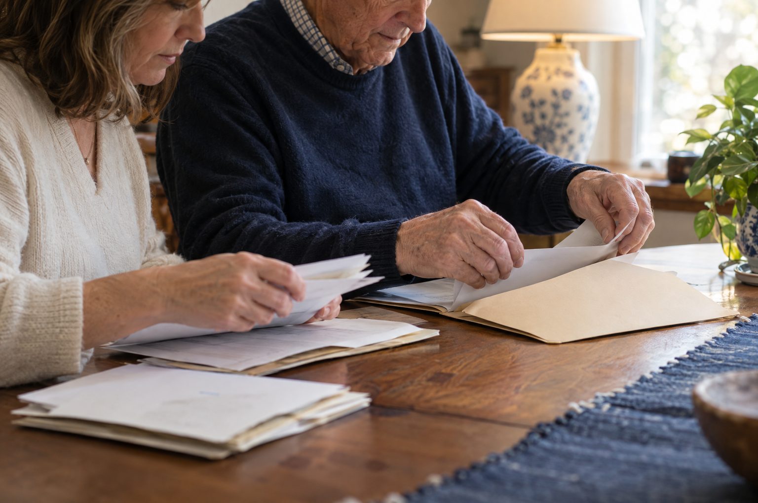 AI image: a woman in her fifties and her elderly father sorting papers into one folder at a dining table